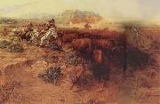 Charles M Russell The Buffalo hunt oil on canvas